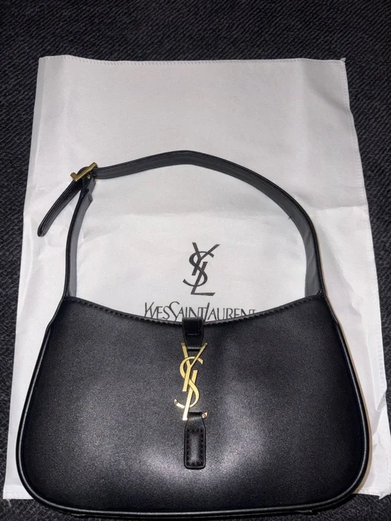 Yves Saint Laurent Black Leather Shoulder Bag with Gold YSL Emblem - Picture 1 of 5